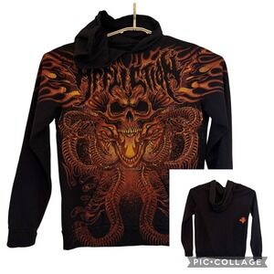 Affliction Live Fast Hoodie Large Black Orange Skull Flame Graphic Pullover Y2K